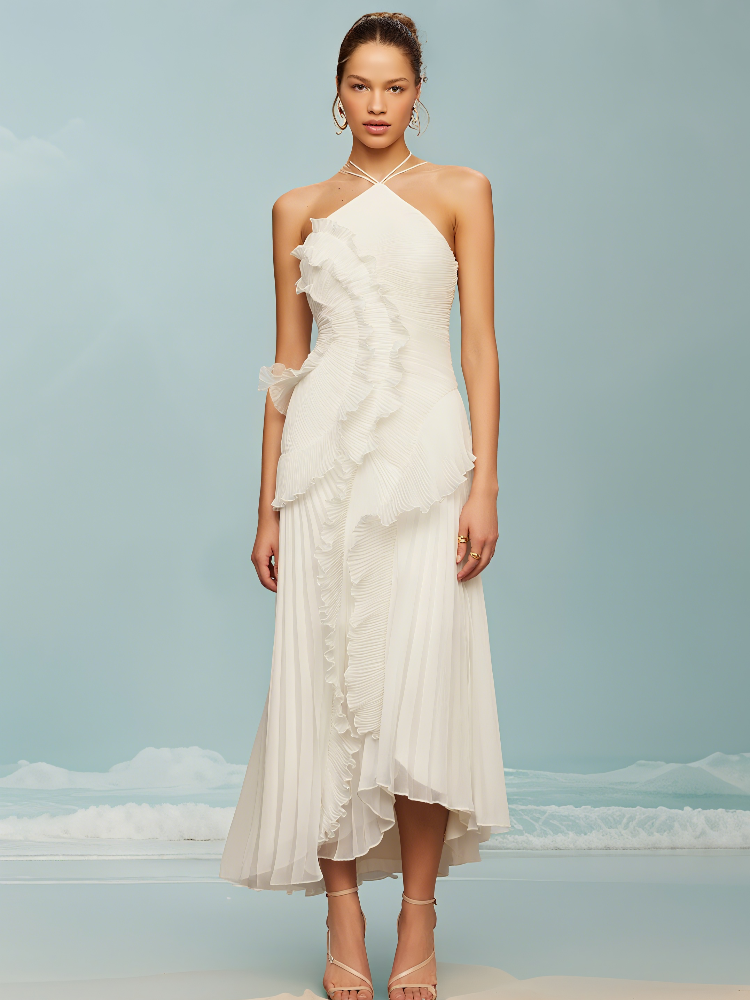 Chic élégant licou une ligne robes de bal volants à plusieurs niveaux dos nu robe de soirée 2025 vacances d'été en mousseline de soie longue robe de soirée