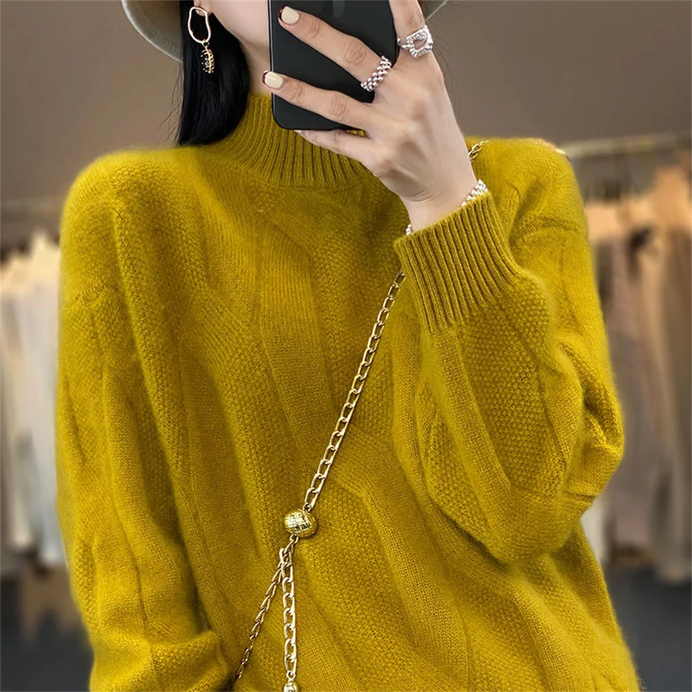 Pull en laine à col mi-haut pour femme, pull en cachemire monochrome, manches longues douces, vêtements à la mode, automne et hiver