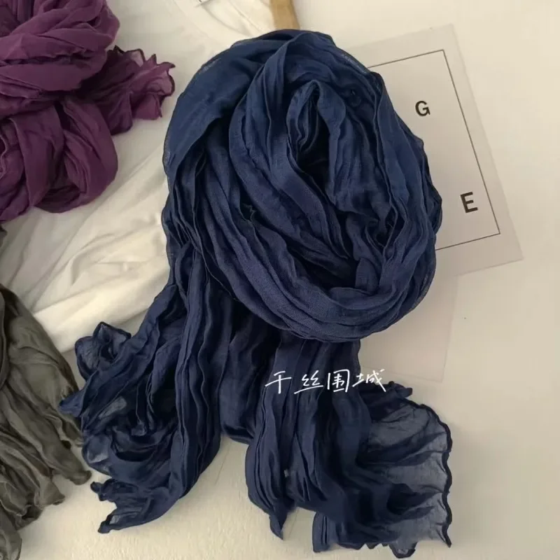 Écharpe en coton et lin de couleur unie, rétro, automne hiver, nouveau châle plissé à bande fine verte, soie thermique pour hommes et femmes