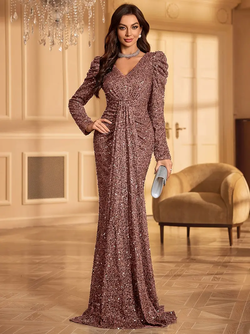 Robe de soirée élégante à manches longues et col en V pour femme – Parfaite pour les mariages, les anniversaires et les fêtes