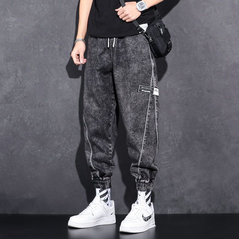 Jean en Denim ample à taille élastique pour hommes, mode décontractée, vêtements de travail de printemps, pantalon noué au pied avec marque, vêtements de travail, Baggy, 2024
