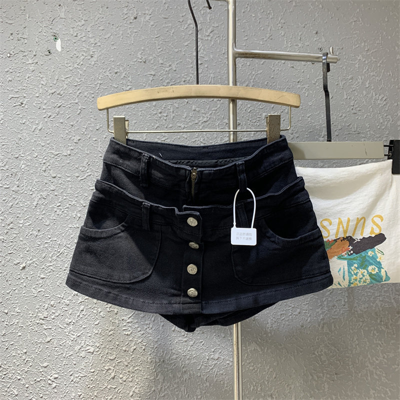Jupe courte en jean effet deux pièces pour femme, style décontracté américain, délavée, rétro, coupe trapèze, boutonnée, été
