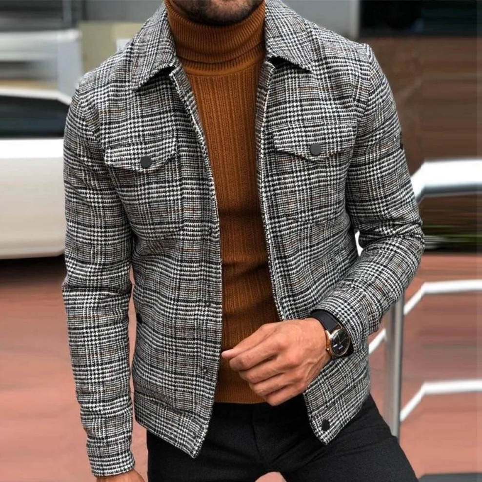 Veste à la mode pour hommes, manteau fin à carreaux, col rabattu, simple boutonnage, vêtements d'extérieur décontractés, printemps-automne