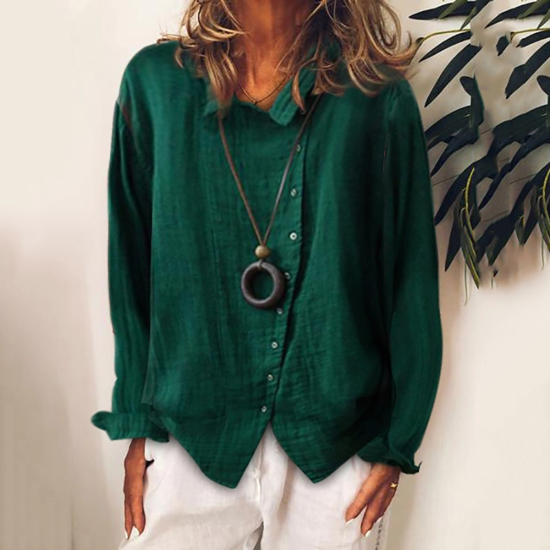 Chemisier femme 2026 décontracté d'été respirant ample couleur unie élégant en coton et lin à manches longues – Vêtements féminins