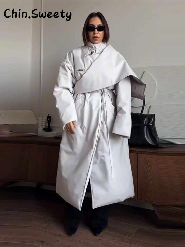 Manteau long matelassé en coton pour femme, à col montant, avec ceinture et lacets, fermeture éclair, manches longues, veste chaude d'hiver 2026