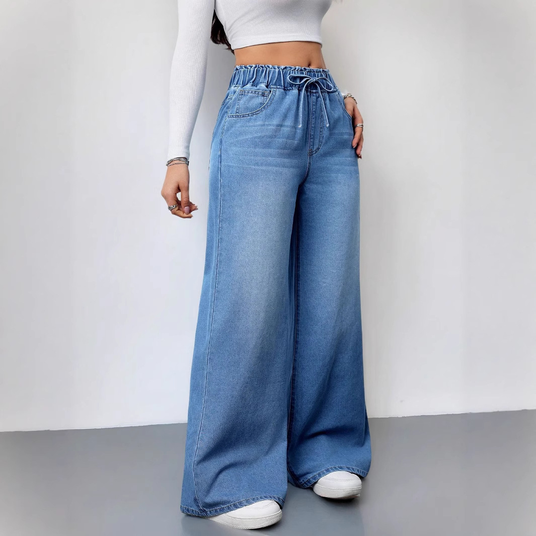 Jean pour femme en denim, pantalon long taille haute coupe droite, style Y2K streetwear vintage, élégant, avec empiècements, décontracté et ample