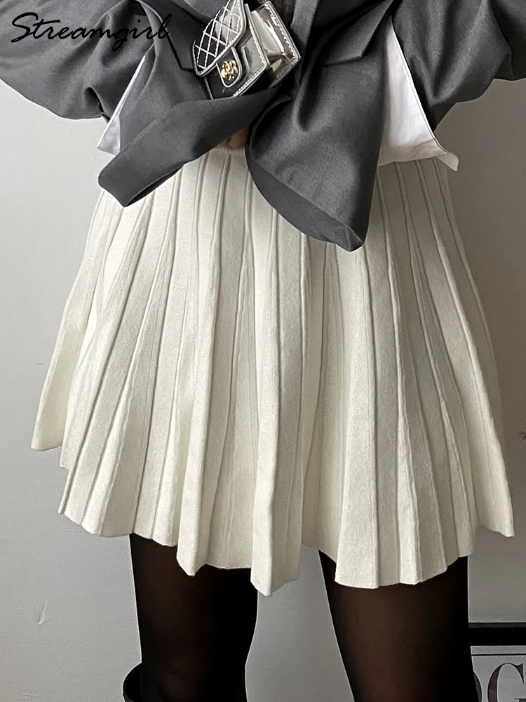 Jupes plissées mini en tricot blanc pour femme, coupe trapèze, taille haute, style coréen, pour l'automne