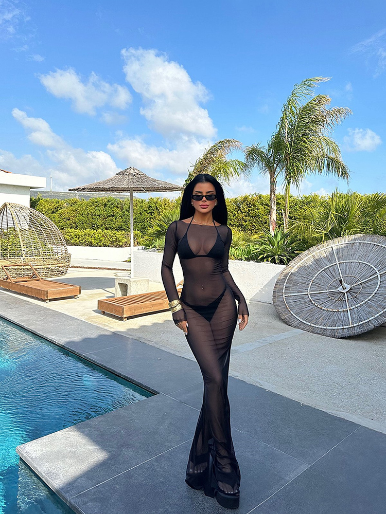 Robe longue en maille transparente pour femmes, couleur unie, col bateau, manches longues, moulante, transparente, Sexy, Cover-up pour Club de plage