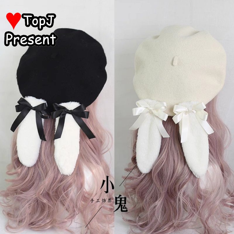 Béret gothique Lolita pour femmes, pelucheux, Harajuku, épicé, oreilles de lapin, polyvalent, rétro, Style Miss, nœud de printemps, perle, chapeau Original