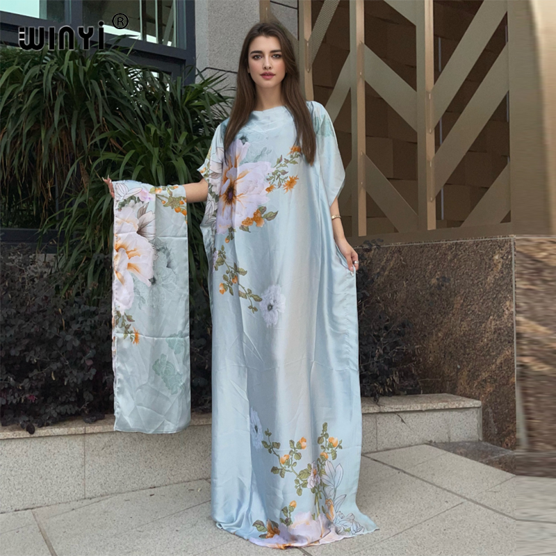 WINYI-Robe Dashiki bohème pour femmes africaines, imprimé musulman, dubaï, taille libre, design avec écharpe, maxi adt, robe élégante africaine, nouvelle collection 2024
