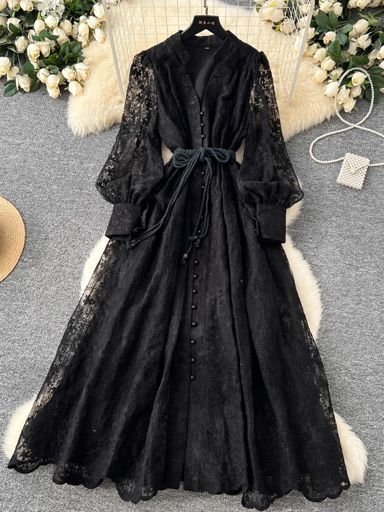 Robe de soirée élégante brodée à col en V pour femme, collection Printemps 2026, style décontracté mi-mollet, vintage, haute qualité