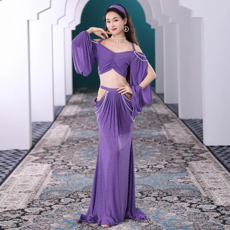 Costume de danse du ventre sexy pour femme, manches longues, haut et jupe, entraînement, trempée, performance, ensemble financièrement, surintendant de danse, tenue PE, 2 pièces
