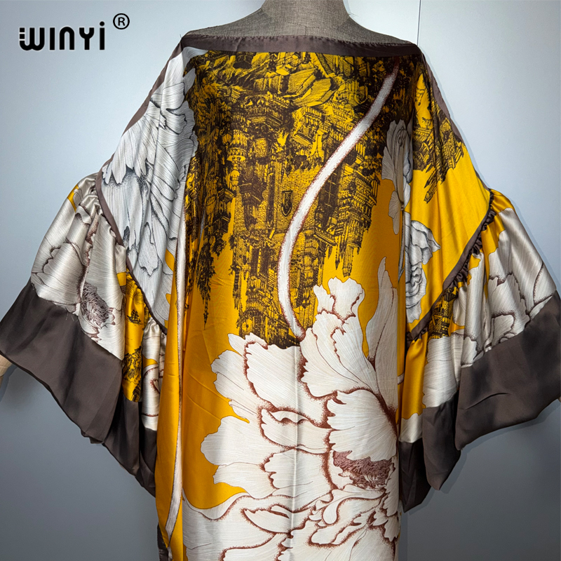 WINYI Robe de soirée d'été à manches bouffantes, Abaya de luxe de Dubaï, Kaftan ample imprimé pour femme, Vêtement musulman, Robe longue de soirée