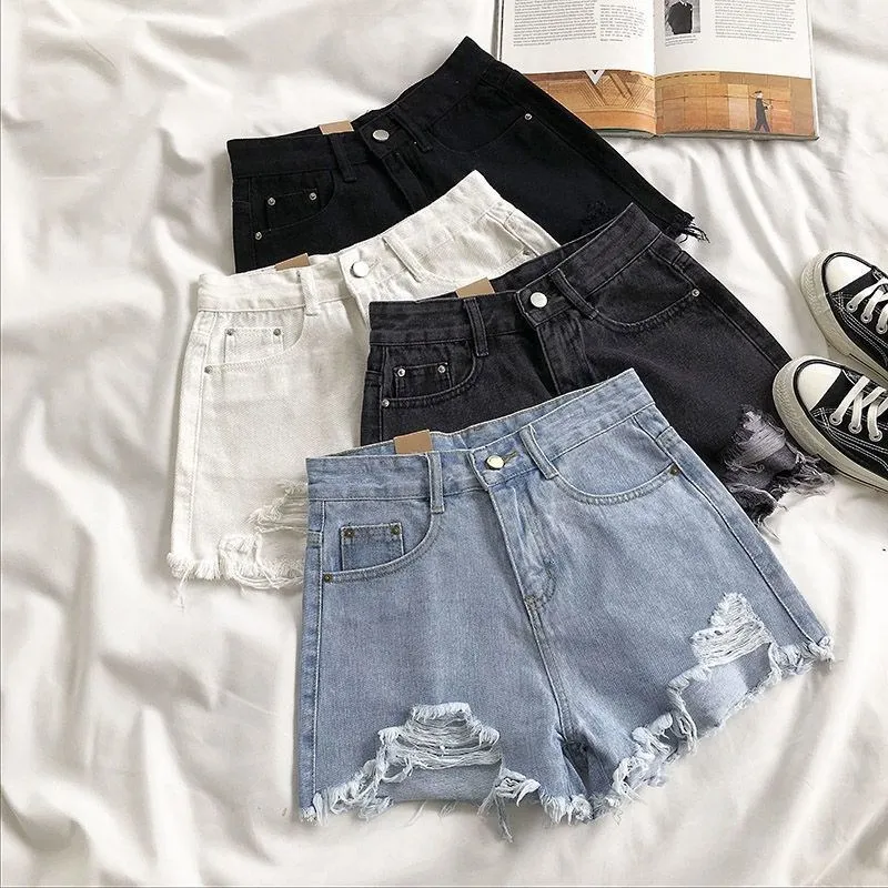 Short en Denim coréen pour femmes, mode d'été décontractée, taille haute, déchiré, poche avec pompon, pantalon chaud Y2K, Streetwear, pantalon bleu