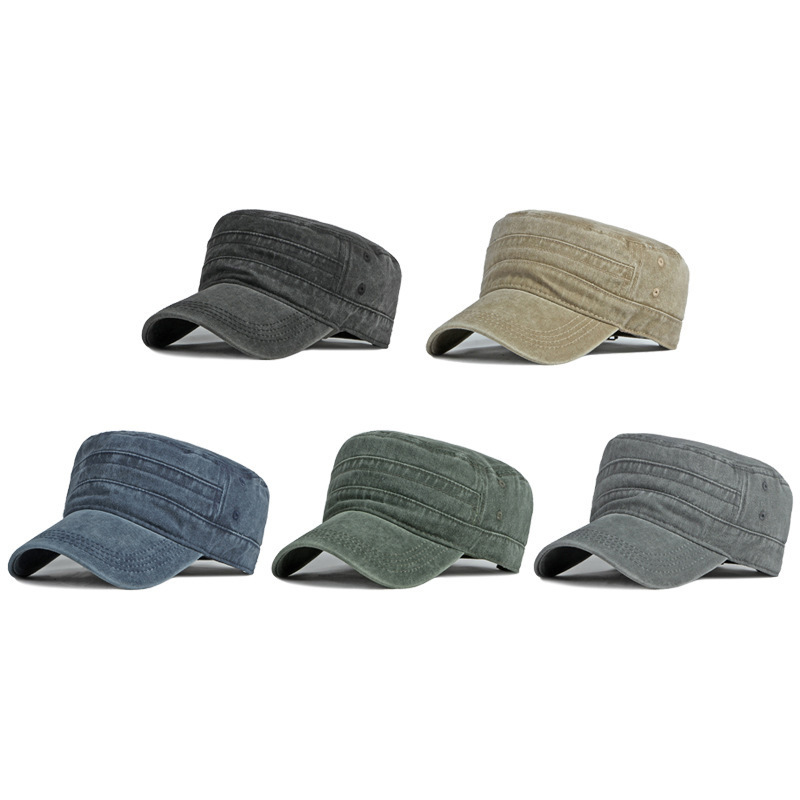 Chapeau Militaire Printemps-Été à Bord Court pour Hommes et Femmes, Casquette Plate Rétro en Coton Lavé pour Grande Taille, Protection Solaire, Chapeau de Pêche
