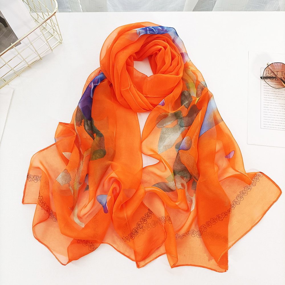 Écharpe en mousseline de soie georgette pour femme, châle long et fin, foulard rond doux, écharpes de plage, foulard féminin, imprimé fleur rose, mode