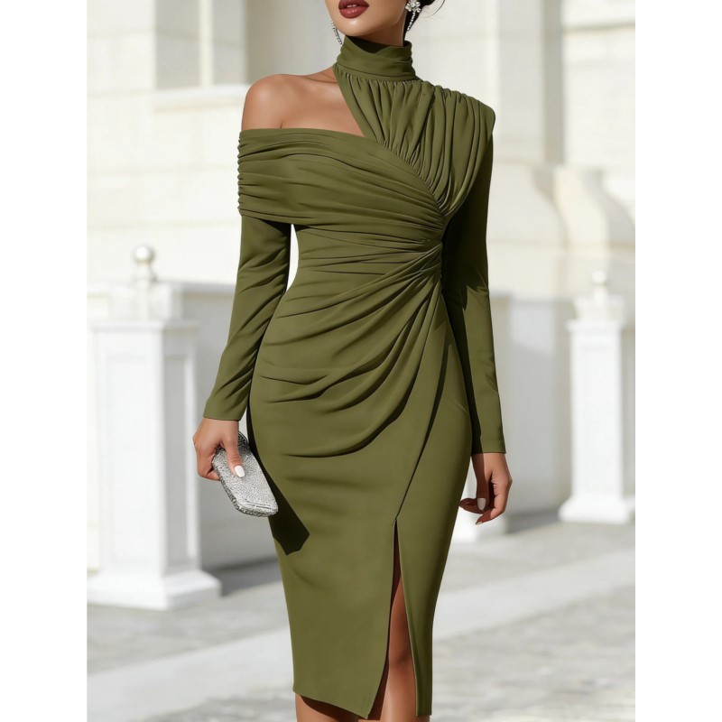 Robe Midi Élégante pour Femme, Couleur Unie, Taille Haute, Design Sexy Épaules Dénudées, Idéale pour Soirées et Bals de Promo