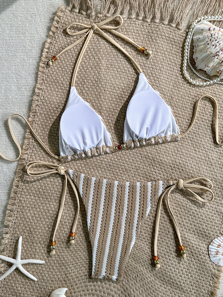 Ensemble bikini tricoté rayé et uni pour femme, collection été 2026 – Maillot de bain sexy et tendance pour les vacances à la plage