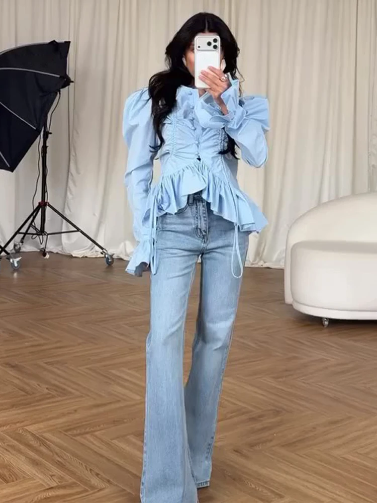Chemisier plissé uni décontracté à volants pour femme, manches bouffantes courtes, simple boutonnage, collection Printemps-Été 2026