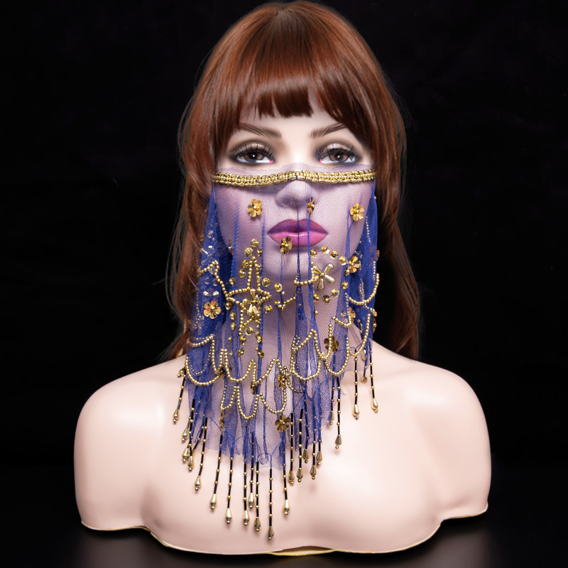 Voile facial de danse du ventre pour femmes, accessoires de costume de danse indienne, masque de mascarade Tribal à paillettes, écharpe enveloppante, masque à pompon