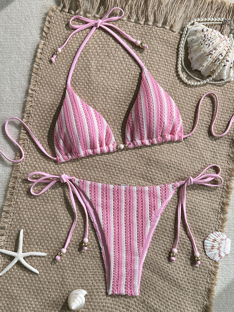 Ensemble bikini tricoté rayé et uni pour femme, collection été 2026 – Maillot de bain sexy et tendance pour les vacances à la plage