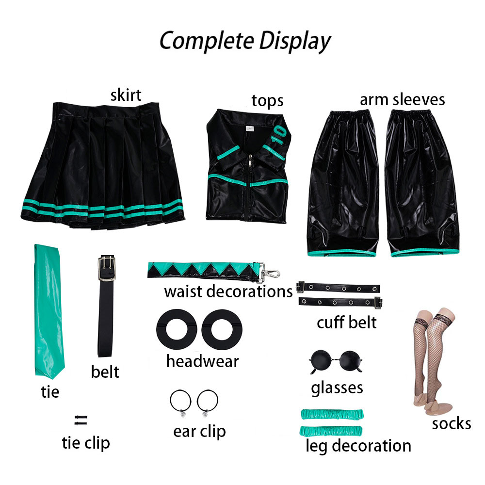 Tenue de cosplay d'idole virtuelle en cuir verni noir et vert, accessoires complets, perruque, chaussettes, bijoux pour Comic Con Party
