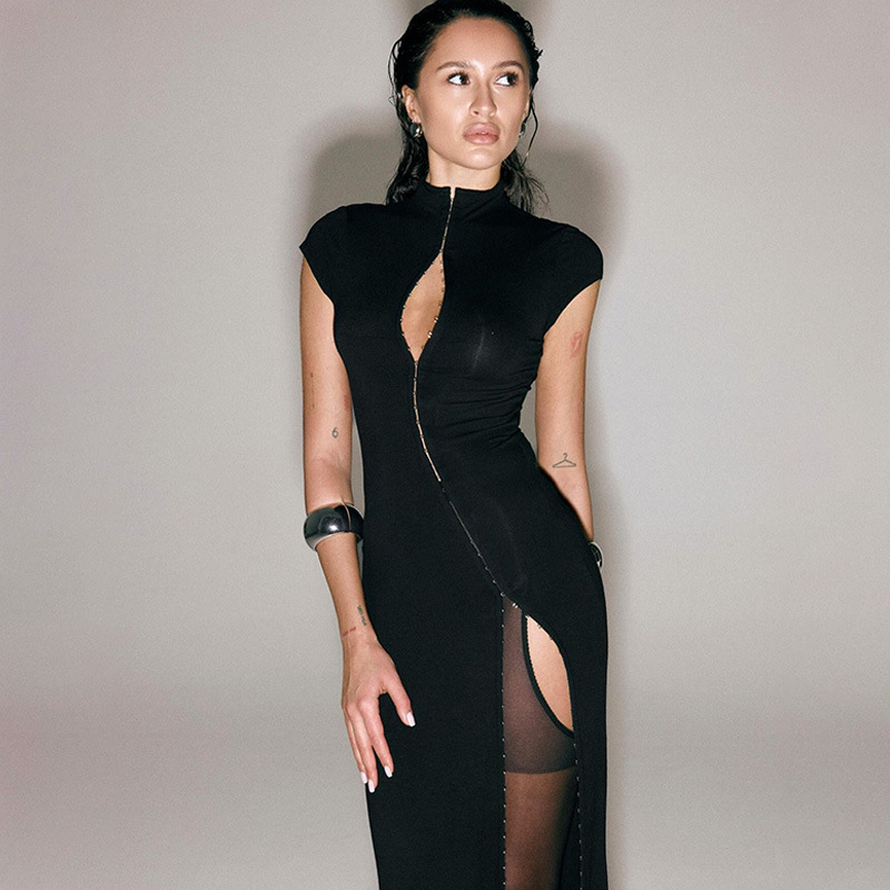 Robe longue noire à fente haute, col semi-montant, fermeture éclair, coupe ajustée, style jupe longue, sexy, pour soirée en boîte de nuit, pour femme, streetwear