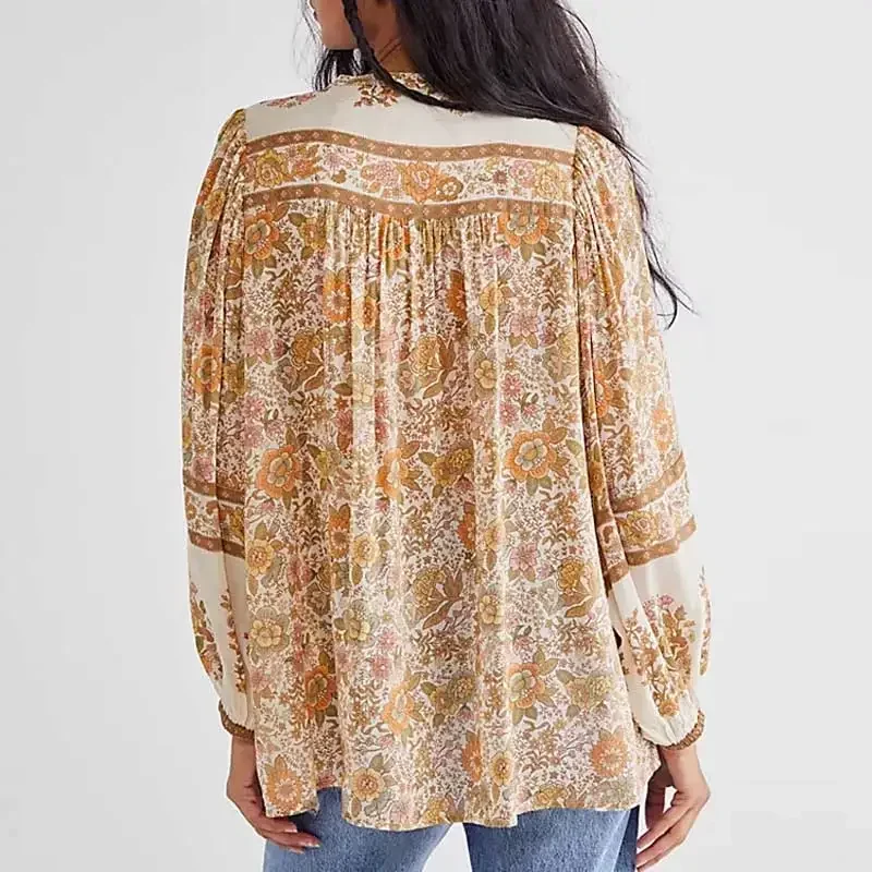 Chemisier Boho Super Chic pour Femme, Imprimé Floral, lèvent, Col en V, Pompon, Automne, Manches sulf, Chemise, Médicaments, Vacances