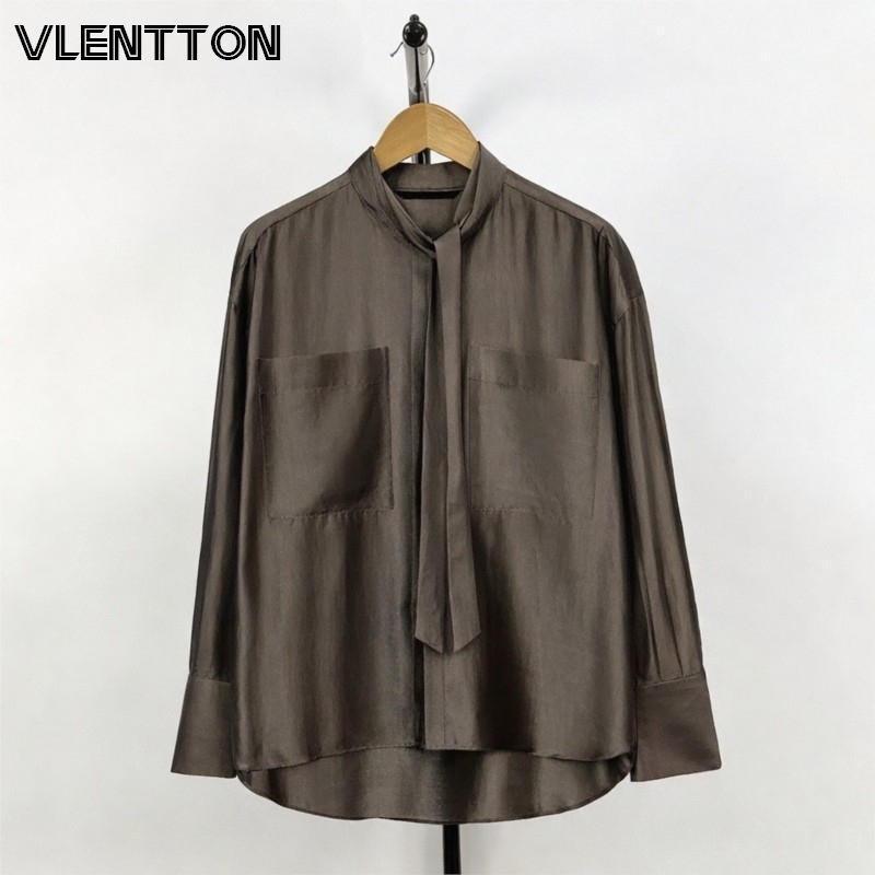 Chemisier en satin pour femme, manches longues, élégant, chemise de bureau, col noué, coupe ample, couleur unie, haute qualité