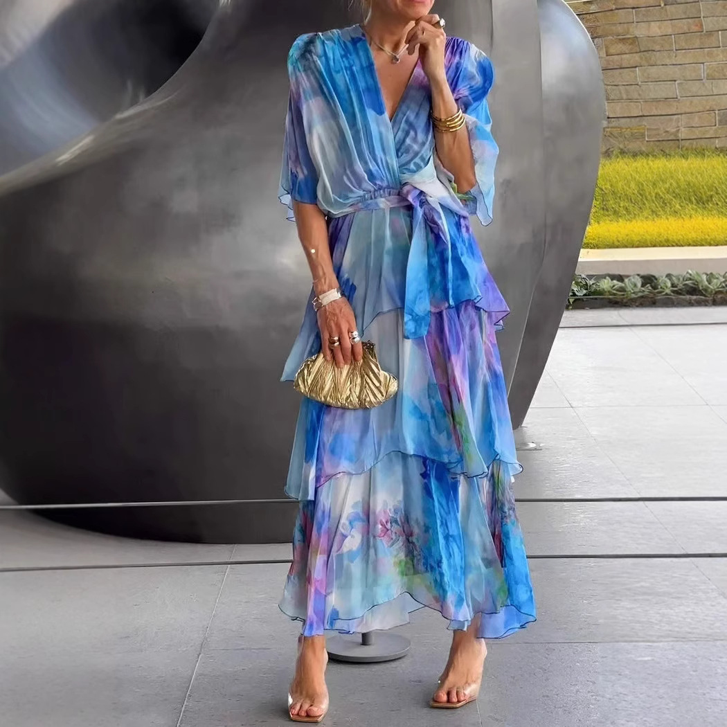 Robe gâteau femmes robes longues une ligne robes Streetwear Y2k col en V demi manches élégant taille haute fête nuit plage été 2025
