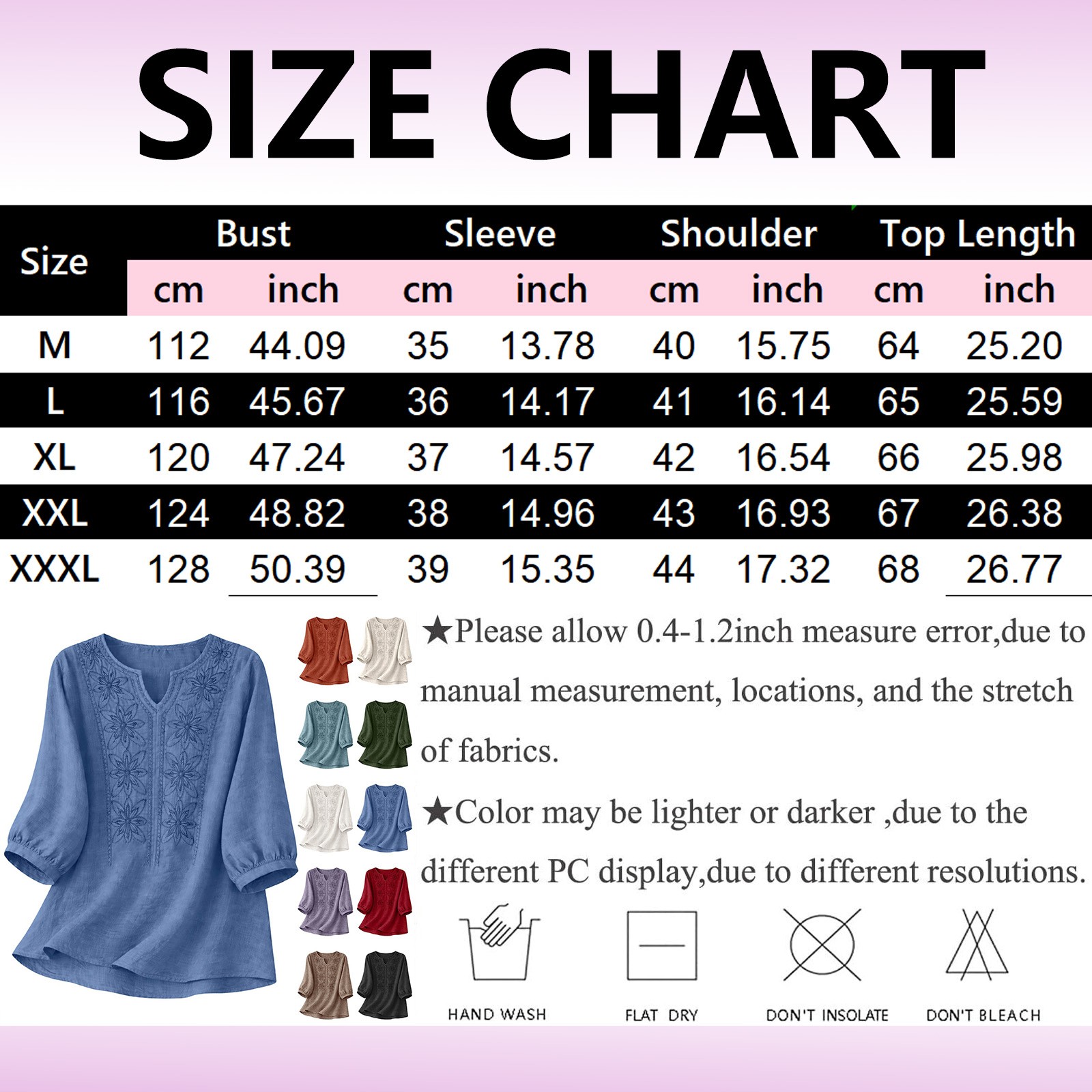 Chemisier en coton et lin pour femmes, broderie florale, col en V, manches 3/4, coupe ample décontractée, tunique pour le bureau, les vacances et le streetwear