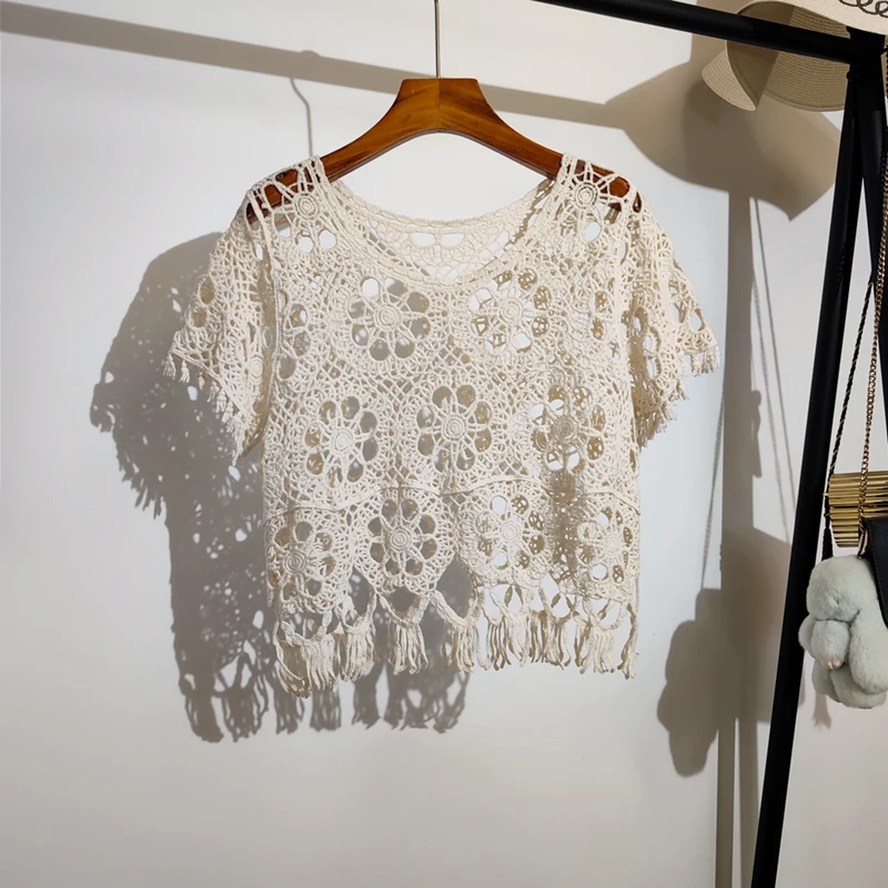 Haut en tricot au crochet Boho pour femme, broderie florale, manches courtes, pull ouvert-107, tenue de vacances d'été Y