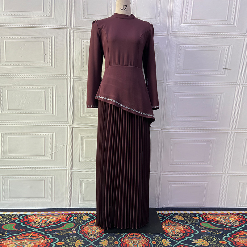 Ensemble 2 Pièces Femme Musulmane : Blouse Plissée et Jupe Longue pour l'Aïd, le Ramadan, Soirées et Cérémonies de Dubaï