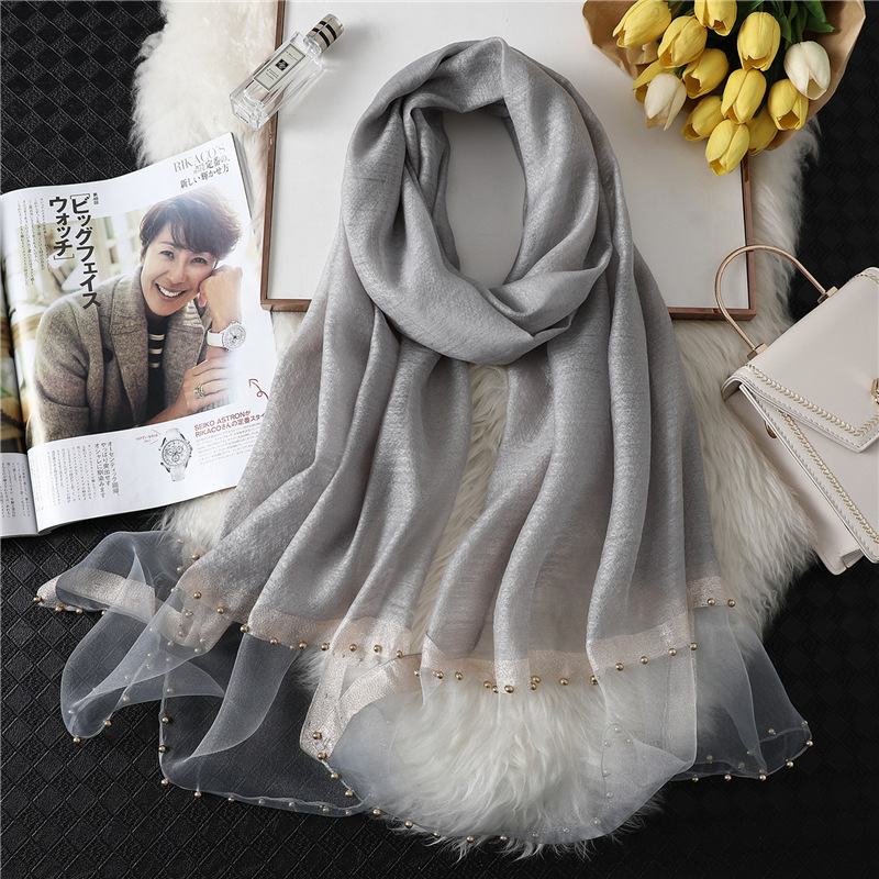 Mode nouvelles femmes soie coton mélange écharpe châle plaine doux sauvage perlé Turban Match luxe dames voyage Protection solaire foulards