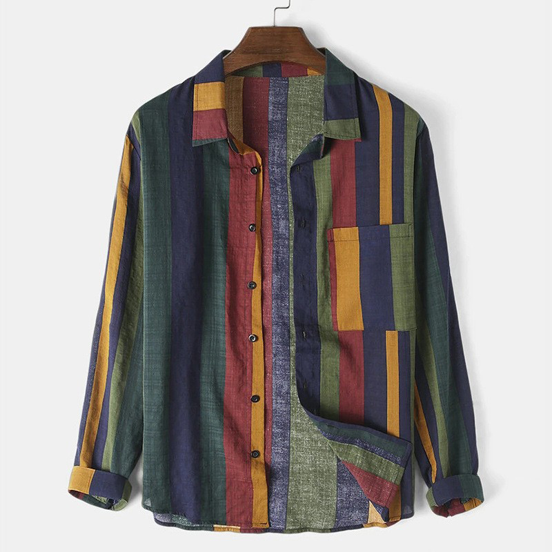 Chemise à manches longues imprimée à rayures rétro pour hommes, Streetwear de loisirs, Chemises boutonnées, Chemisier de luxe, Vêtements d'automne