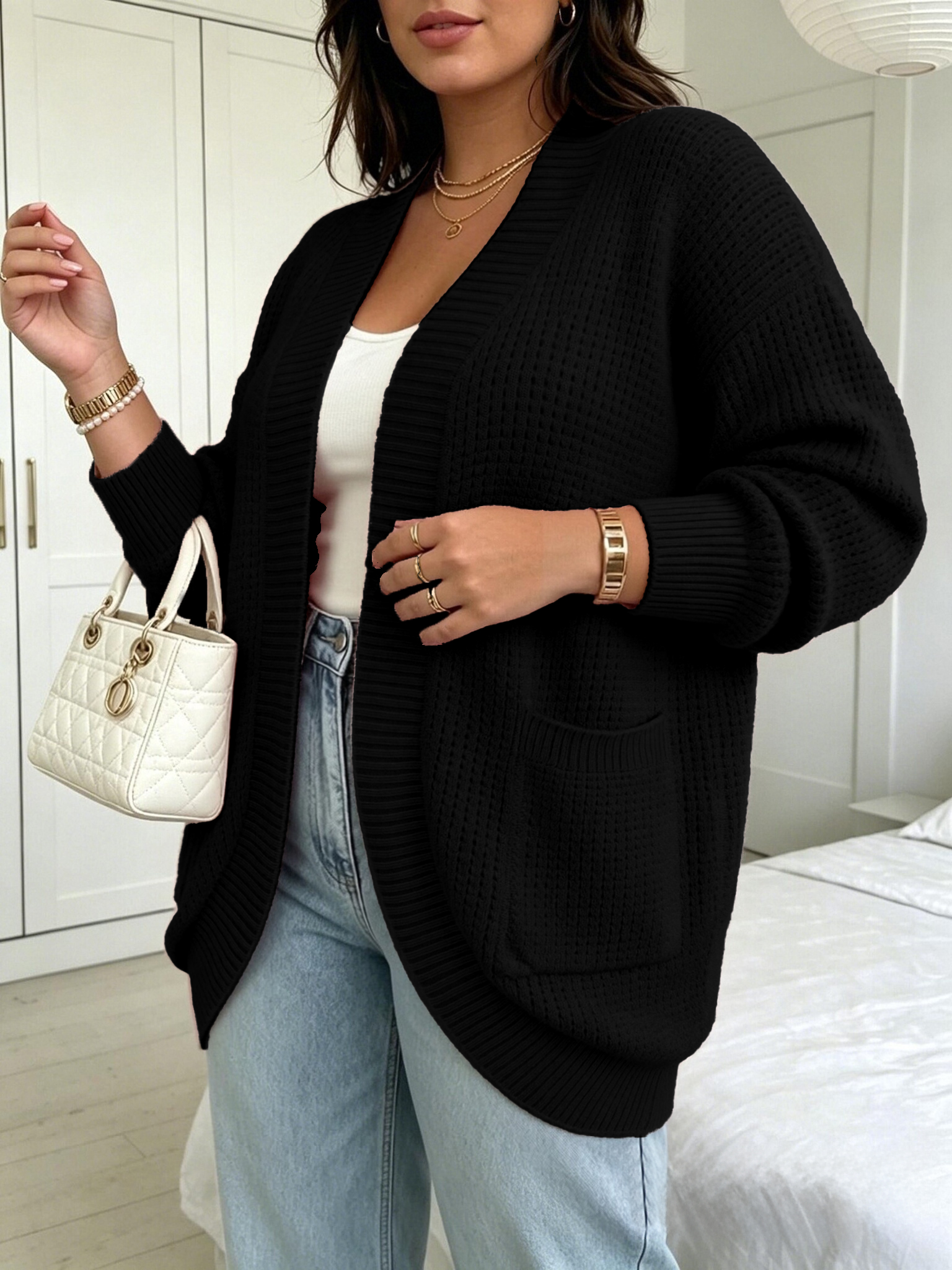 Cardigan ouvert élégant pour femmes, grande taille, pull en maille, vêtement d’extérieur pour l’automne et l’hiver, coupe ample, avec poches, manches longues, idéal pour les vacances et les tenues décontractées.