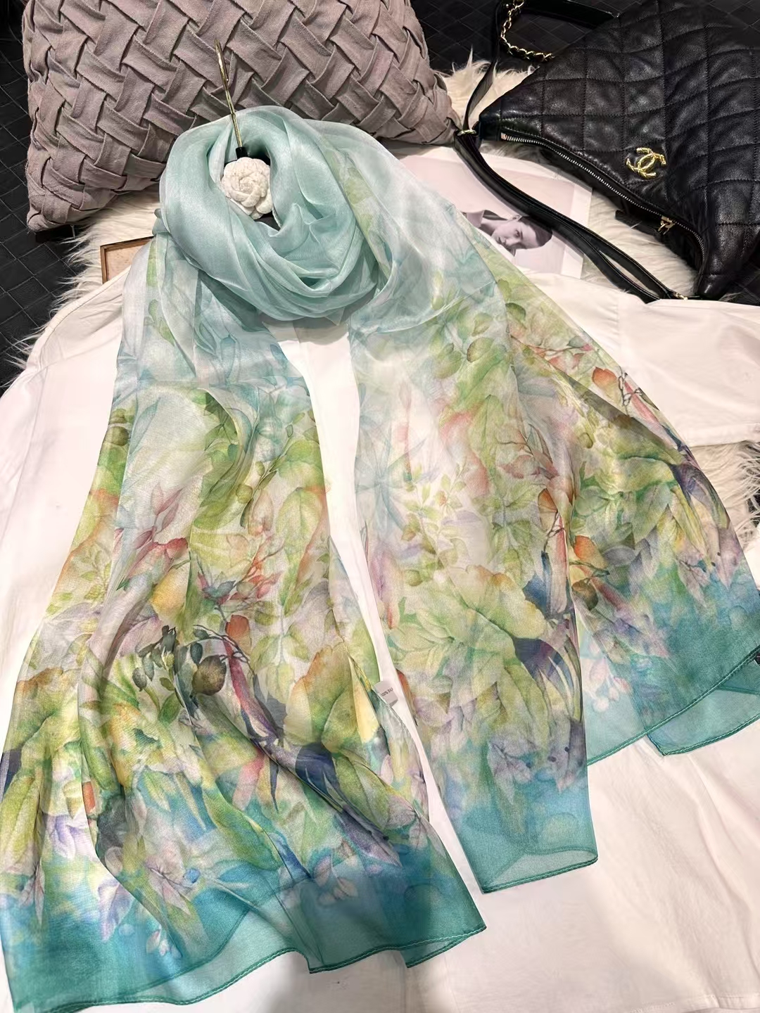 Foulard Long en Mousseline de Soie pour Femme, Rouge, Vert, Mûrier, Nouveau Design Floral de Luxe, Enveloppes d'Été, Couverture de Plage, Rond 100% x 180 cm, 110