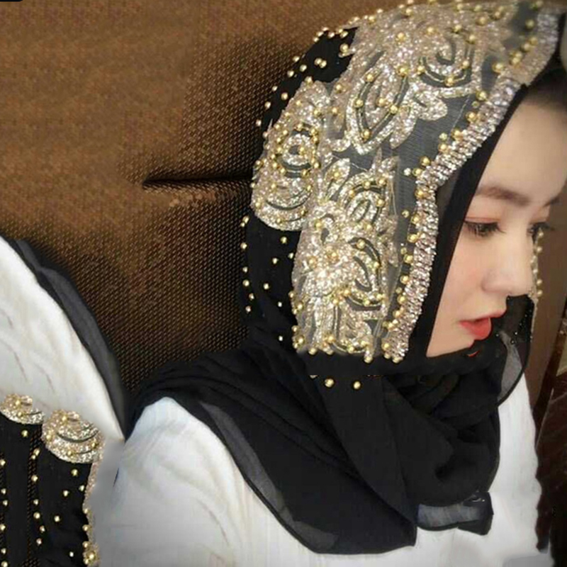 Mousseline de soie Hijab écharpe musulman islamique Hijabs foulards pour femme longs couvre-chef avec perle foulard châle enveloppement prière Turbante