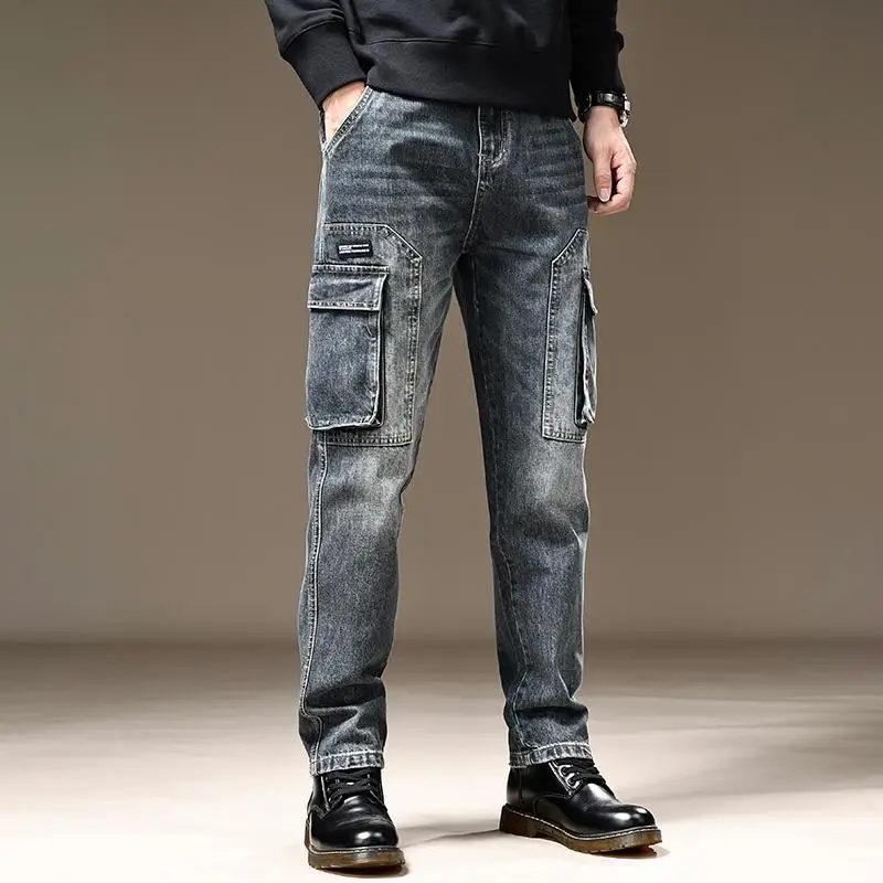 Jean pour hommes pantalon de cowboy droit avec poches pantalon Cargo esthétique régulière nouveau en empilé mode coréenne tendance 2025