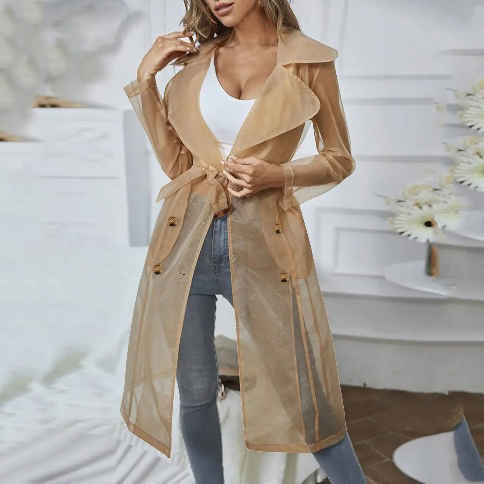 Vestes pour femmes, pardessus Transparent en maille, manteau boutonné à manches longues avec ceinture, col rabattu, vestes longues légères