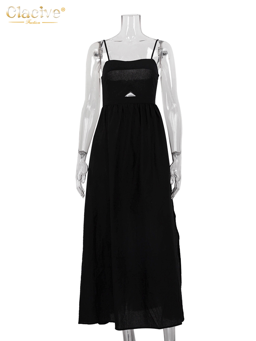 Clacive – robe d'été en coton noir pour femmes, ample, Sexy, bretelles, sans manches, longueur cheville, élégante, ajourée, 2024