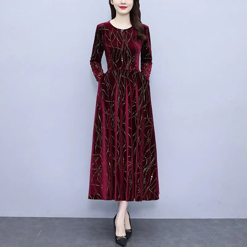 Robe longue en velours doré pour femmes, marque de mode, col haut, bas, ample, Slim, Style rétro, jupe trapèze, nouvelle collection automne/hiver 2025