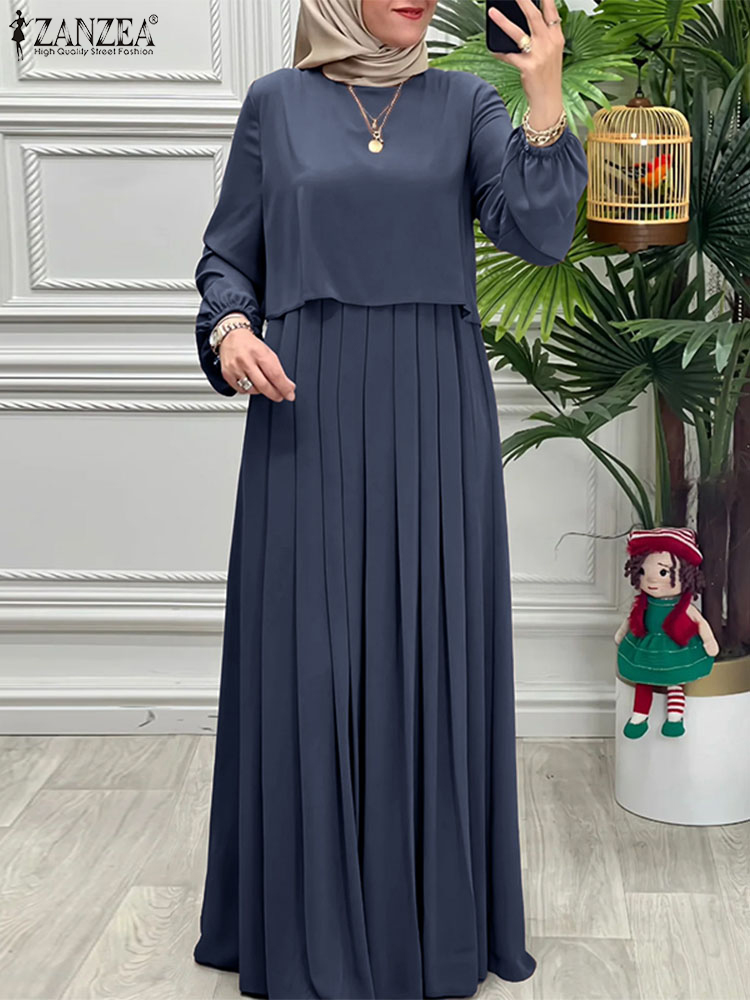 Robes Patchwork Printemps Femme 2026 ZANZEA Abaya Musulmane Élégante à Manches Longues Unie Plissée Robe d'été Vêtements Islamiques