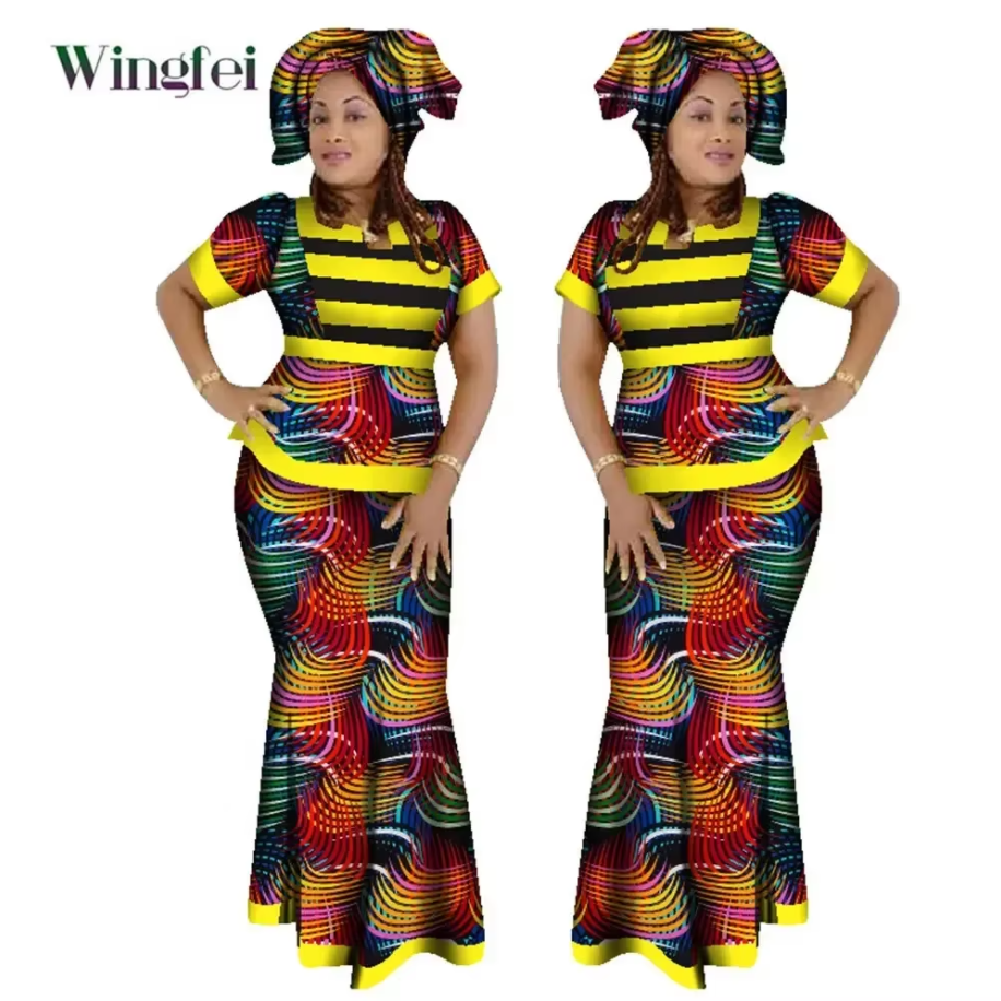 Ensemble 3 pièces de vêtements africains pour femmes, haut court à rayures et jupe avec écharpe de tête, Kanga africain, WY1210