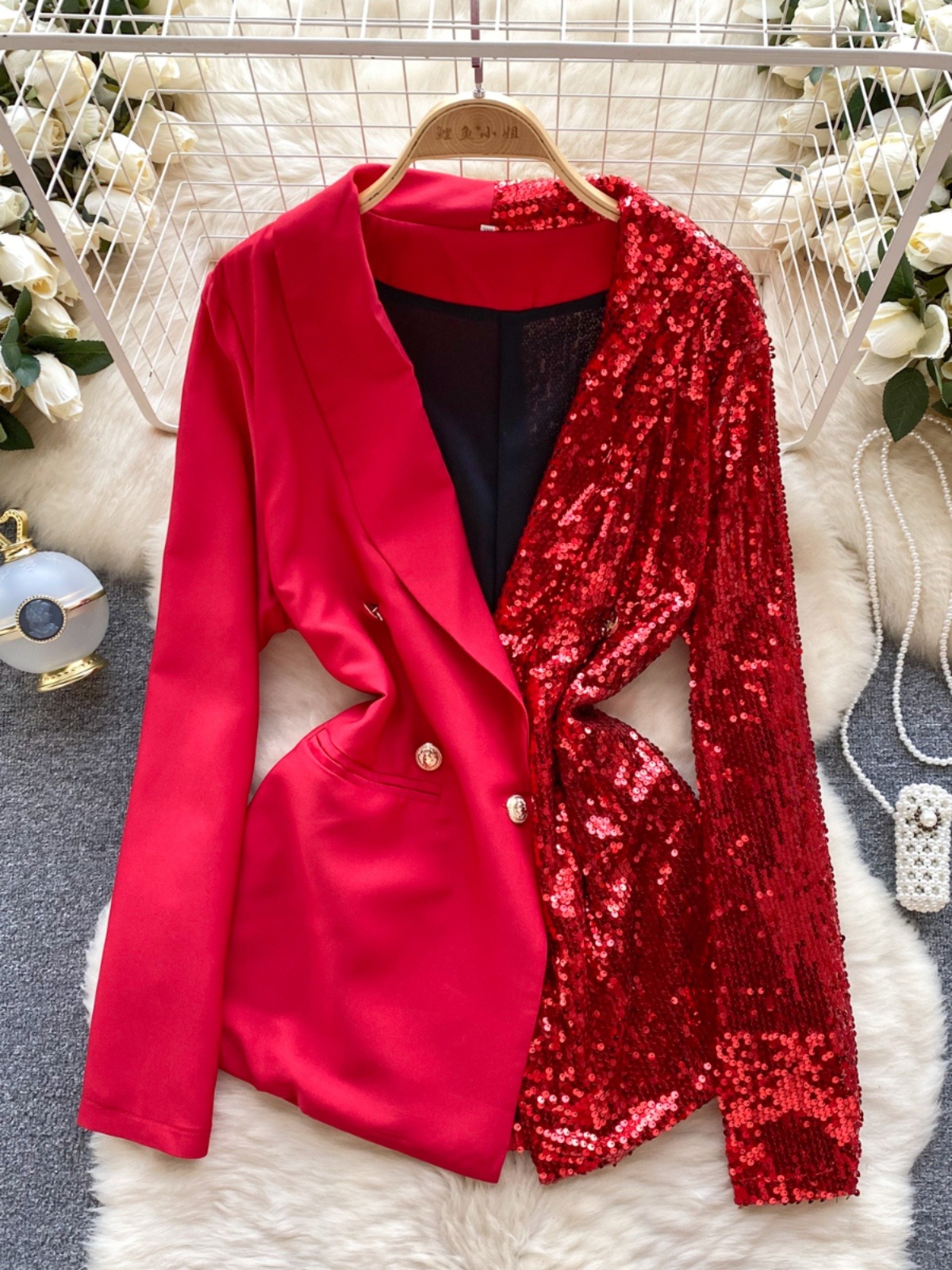 Femmes Blouse Style de mode coréenne paillettes Patchwork manteau printemps été col en V à manches longues Colorblock jolie pochette Mini robe