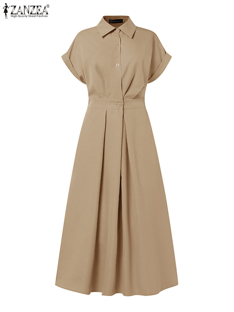 Femmes été OL Robe de travail ZANZEA élégant à manches courtes bureau Robe d'été décontracté solide une ligne boutons vacances robes caftan Robe