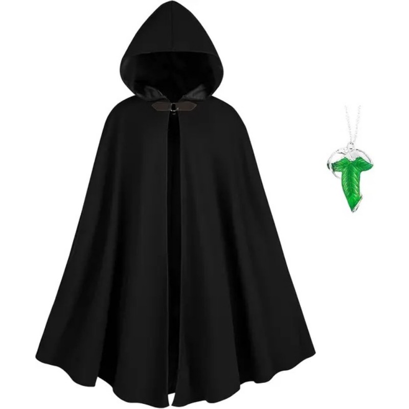 Cape médiévale verte à capuche avec broche feuille et collier, ensemble vintage d'elfe ranger, cape de cosplay Halloween Renaissance pour adulte