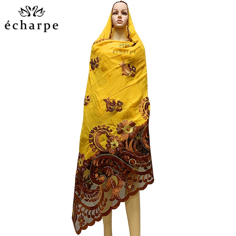 Nouveau foulard africain pour femmes, broderie en coton, avec empiècements en filet, hijab pour femmes, grande taille, foulard en pashmina EC921