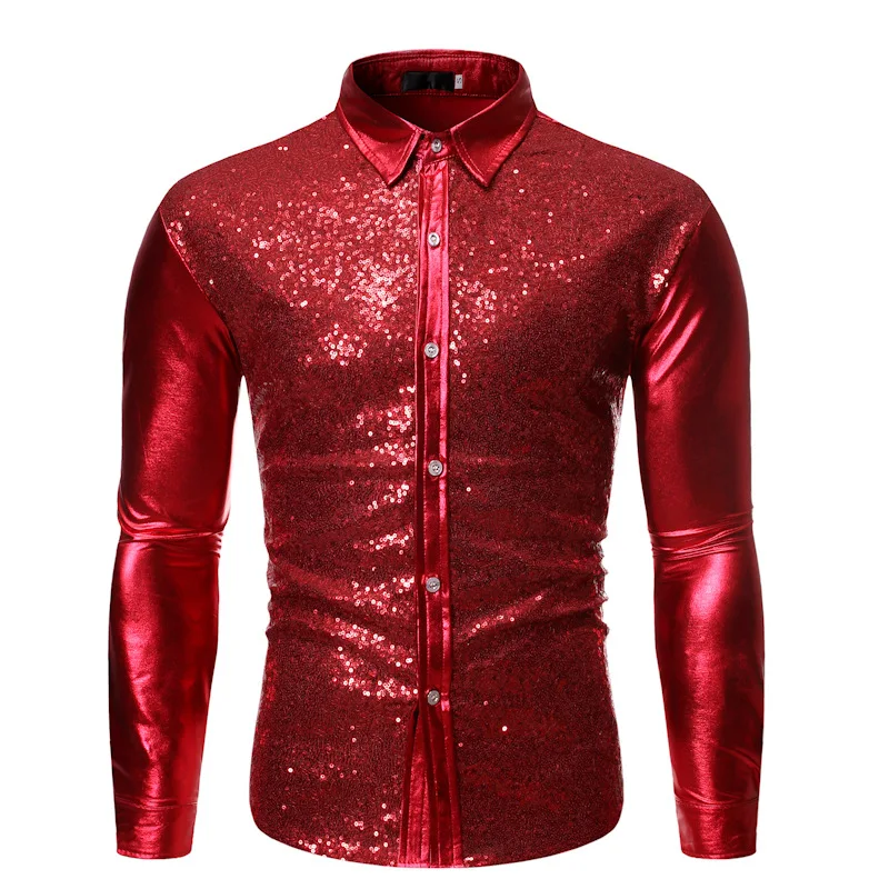 Chemises de luxe à paillettes métalliques rouges pour hommes, manches longues, chemise de fête Chang des années 70, costume de Noël et d'Halloween, nouveau, 2024
