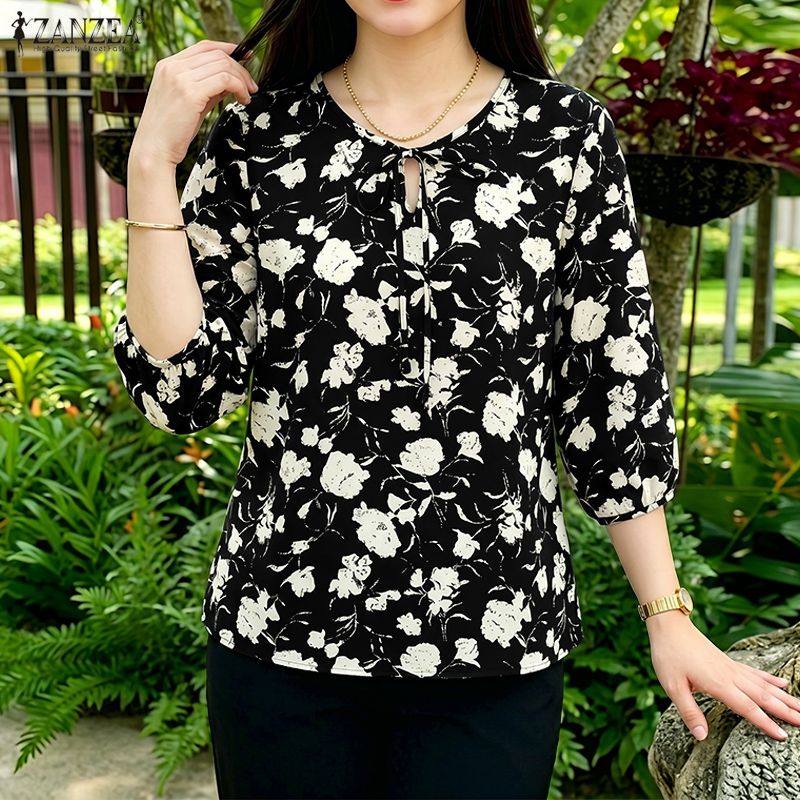 ZANZEA Chemisier Bohème à Imprimé Floral pour Femmes, Automne, Vintage, Manches 3/4, Col à Lacets, Chemise Ample, Décontractée, pour le Bureau, Tunique Mujer